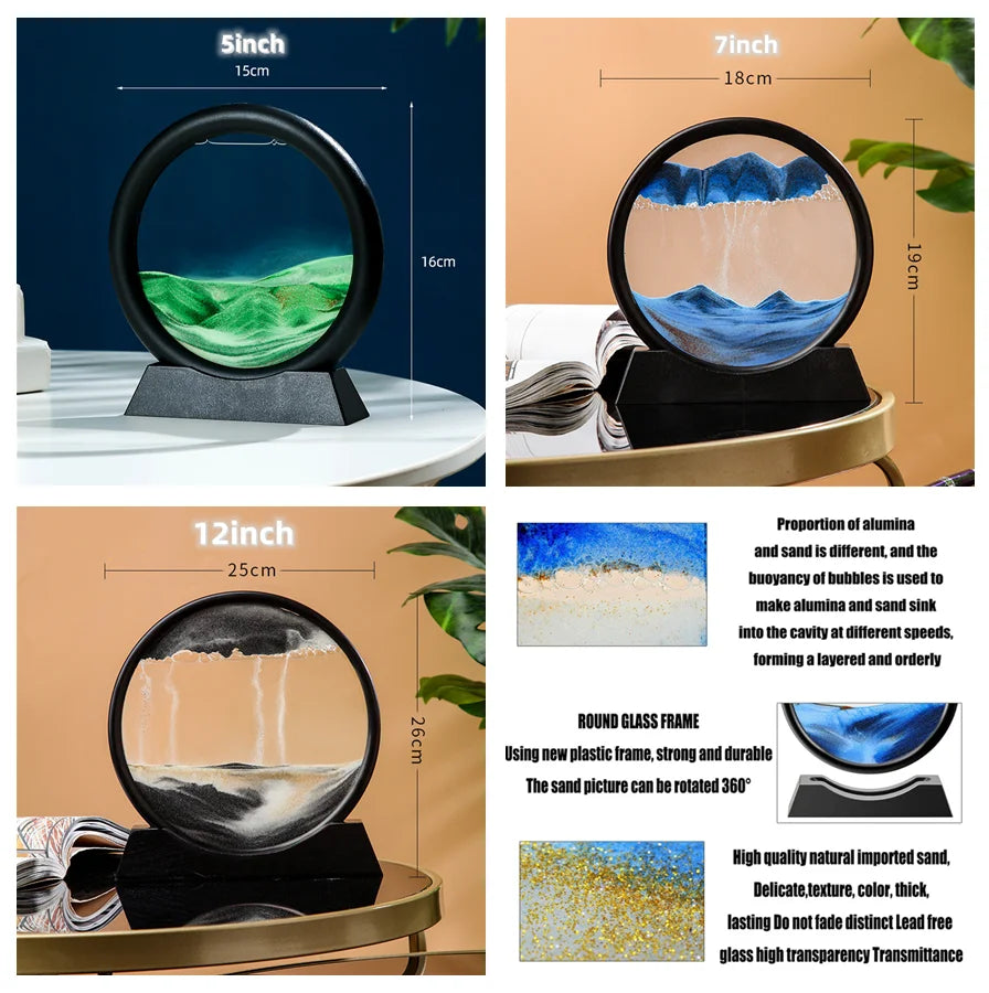 3D Moving Sand Art Picture Round Glass Home Decor Gift